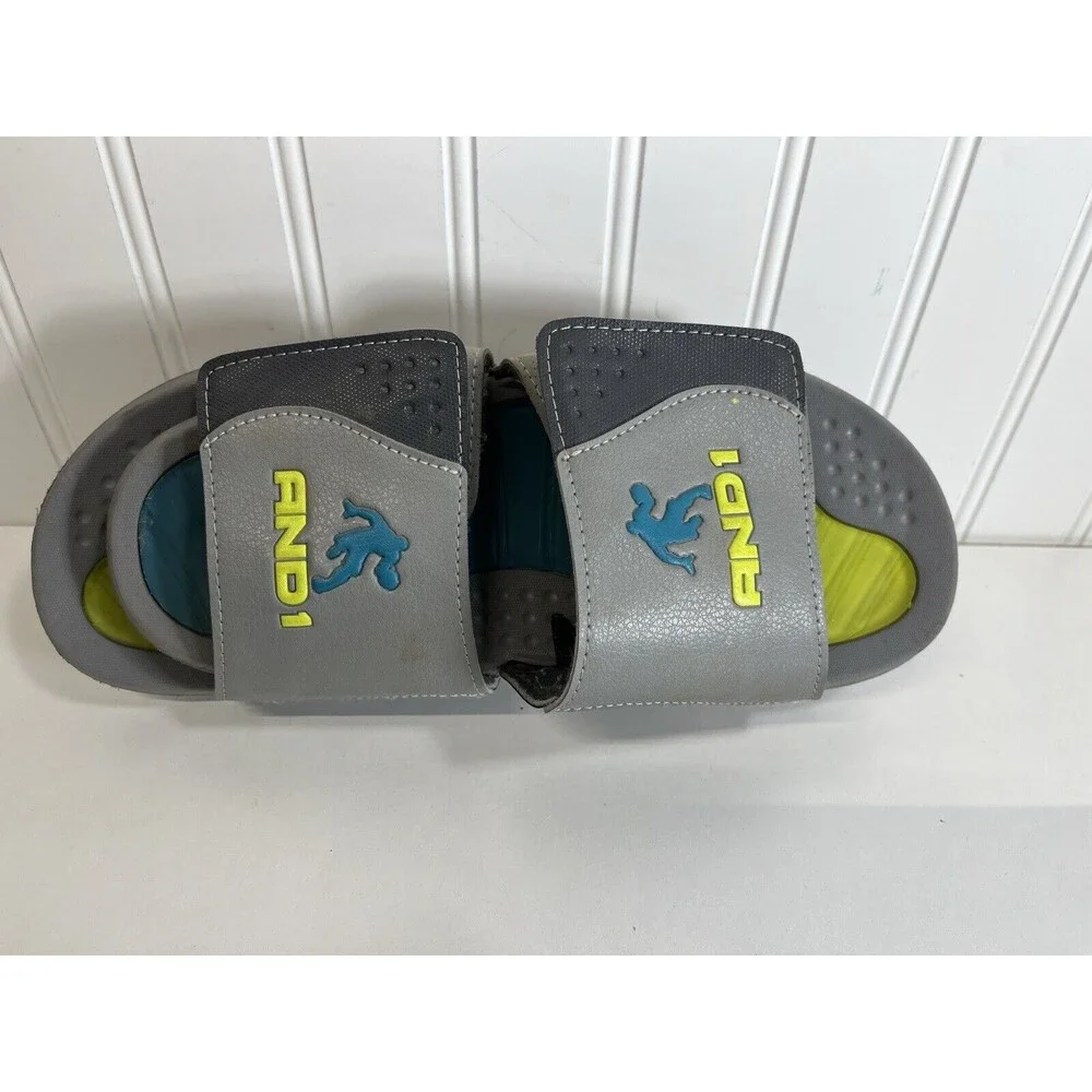 AND1 Boys Size 6 Strider Slide Adjustable Strap Sandal‎ Shoes Gel • Grey &Lime